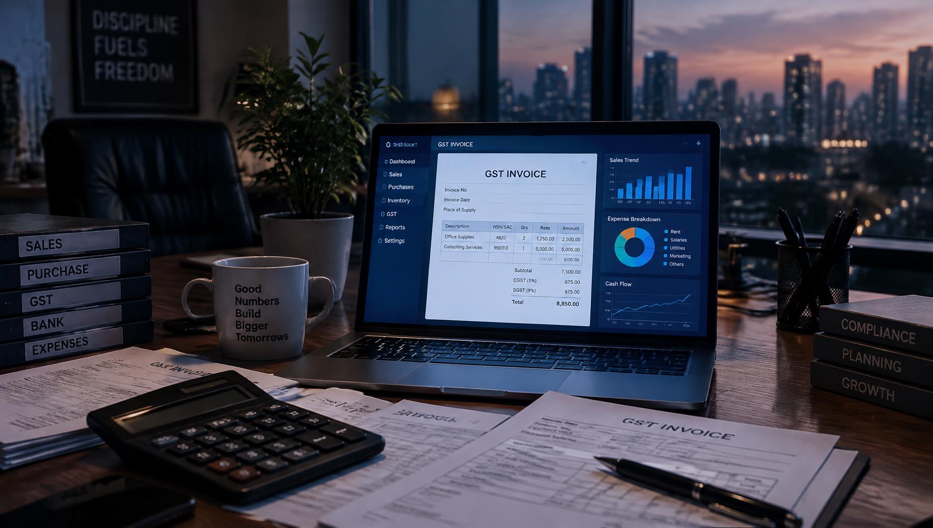 Accounting software showing a GST invoice and financial dashboard on an office desk